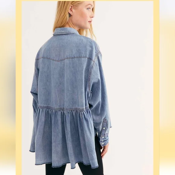 Free People Dylan Babydoll Shacket Snap Front High Low Hem Chambrey Size Sm NWT - Picture 3 of 16